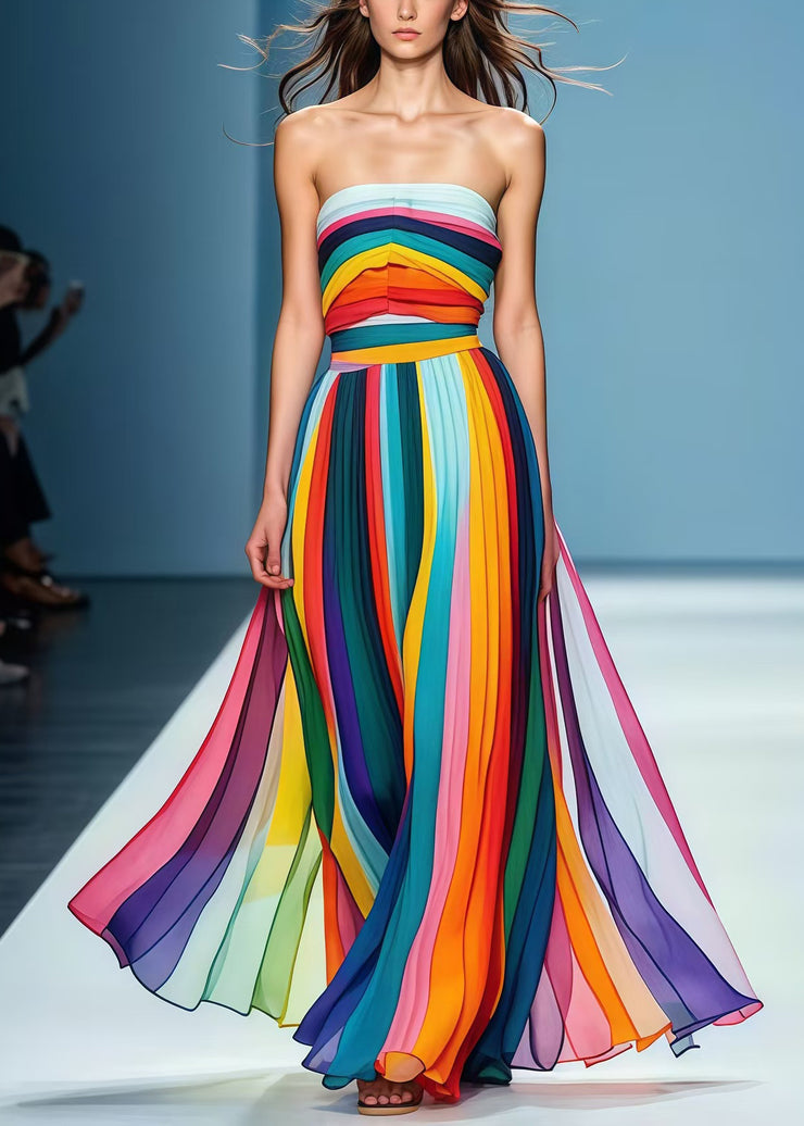 Style Rainbow Striped Chiffon Strapless Dress Summer