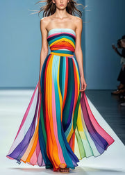 Style Rainbow Striped Chiffon Strapless Dress Summer