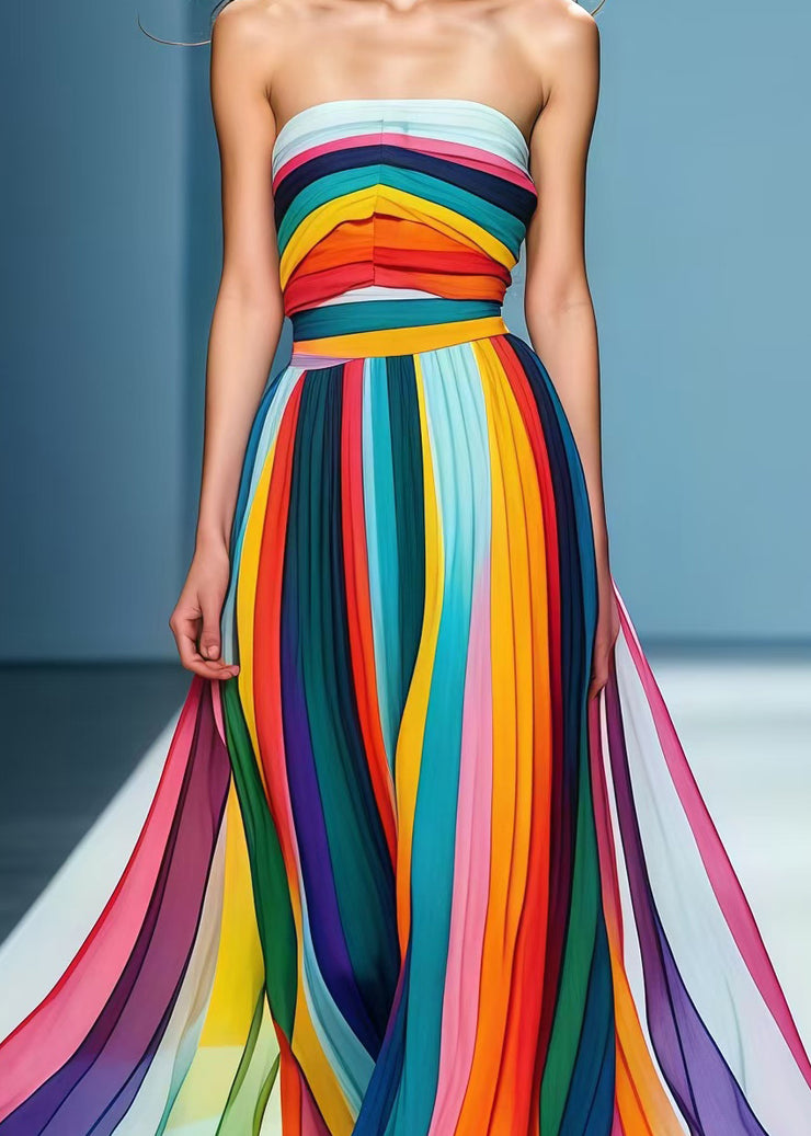 Style Rainbow Striped Chiffon Strapless Dress Summer