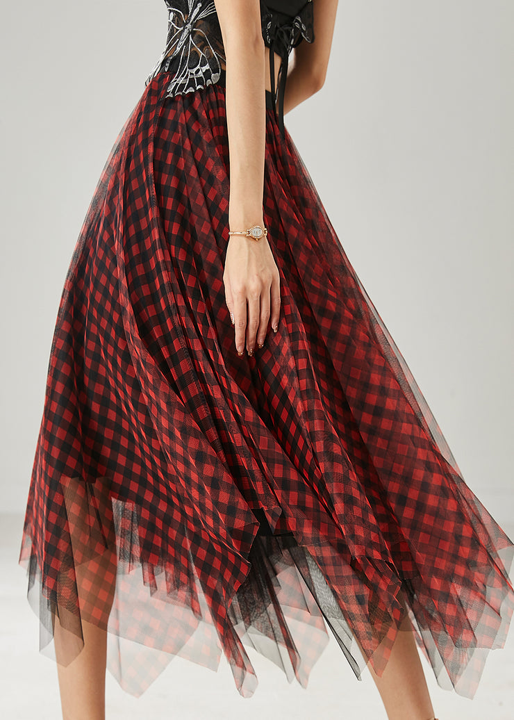 Style Red Asymmetrical Plaid Tulle Skirt Summer