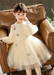 Style Red Butterfly Embroideried Knit Patchwork Tulle Kids Long Dresses Long Sleeve