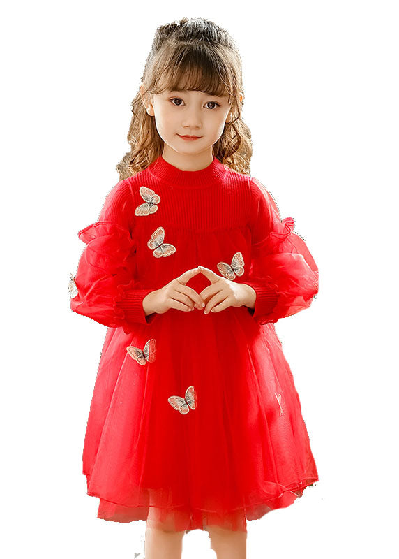 Style Red Butterfly Embroideried Knit Patchwork Tulle Kids Long Dresses Long Sleeve