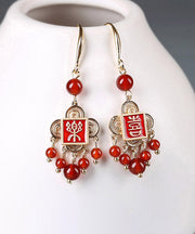 Style Red Copper Agate Cloisonne Graphic Drop Earrings