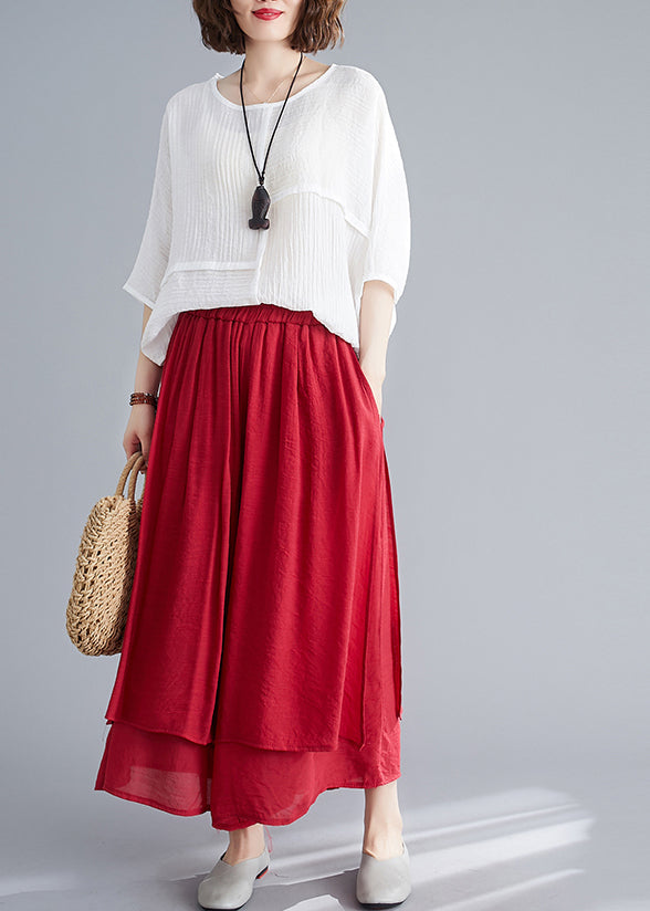 Style Red Elastic Waist Draping Linen Wide Leg Pants Summer