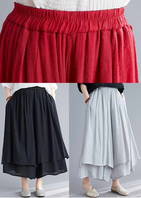 Style Red Elastic Waist Draping Linen Wide Leg Pants Summer