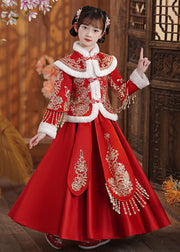 Style Red Embroideried Tassel Girls Coats And Long Skirts Two Piece Set Long Sleeve