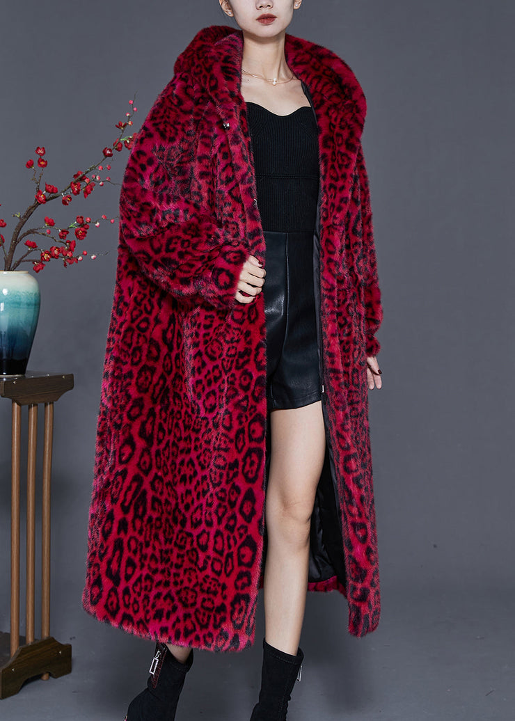 Style Red Hooded Print Faux Fur Coat Spring