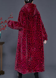 Style Red Hooded Print Faux Fur Coat Spring