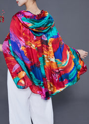 Style Red Hooded Print Silk Shawl