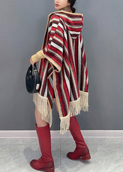 Style Red Hooded Tasseled Patchwork Knit Cardigan Fall