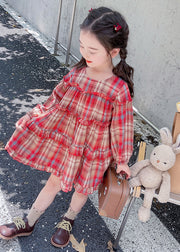 Style Red O-Neck Plaid Patchwork Girls Maxi Dress Long Sleeve