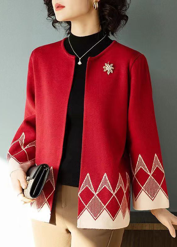 Style Red O Neck Print Patchwork Knit Cardigan Fall