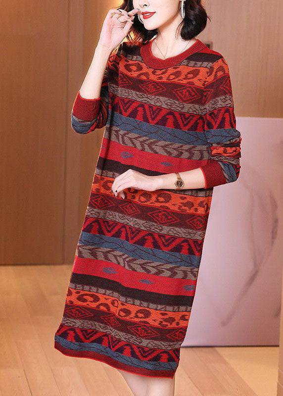 Style Red O-Neck Striped Thick Long Knit Dress Long Sleeve