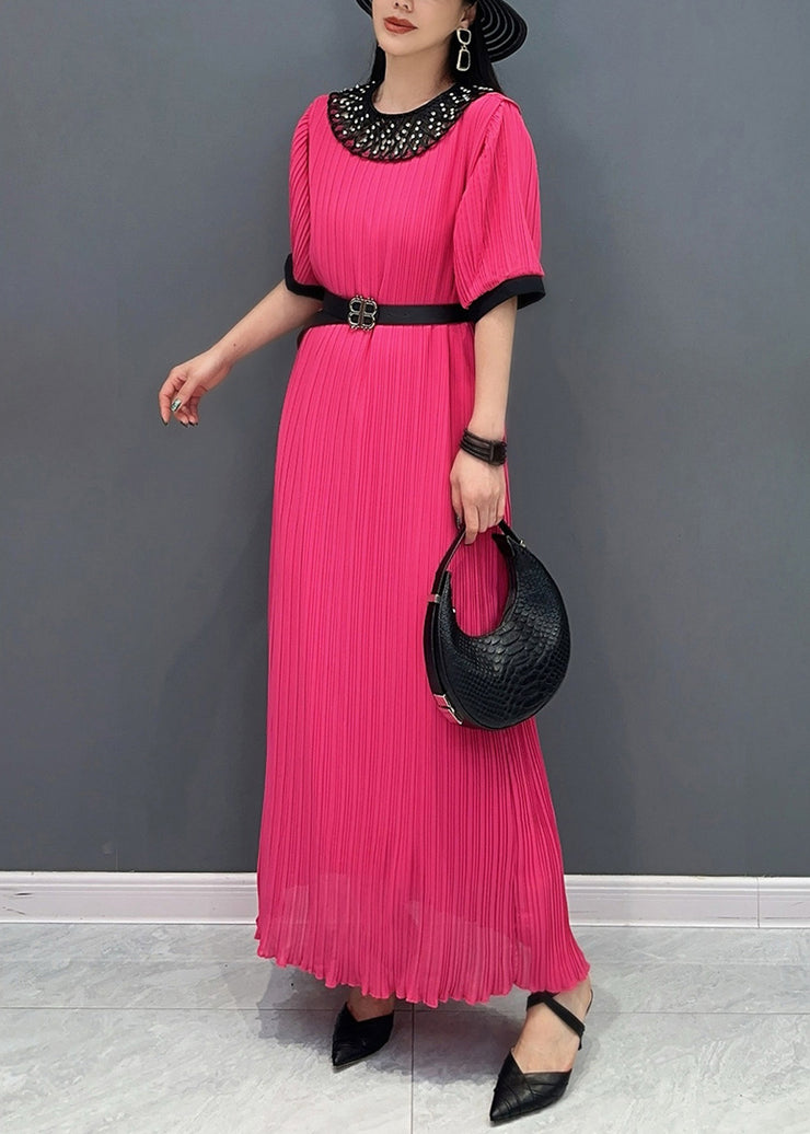 Style Red O-Neck Wrinkled Long Dress Short Sleeve