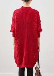 Style Red Oversized Hollow Out Knit Sweater Dress Winter