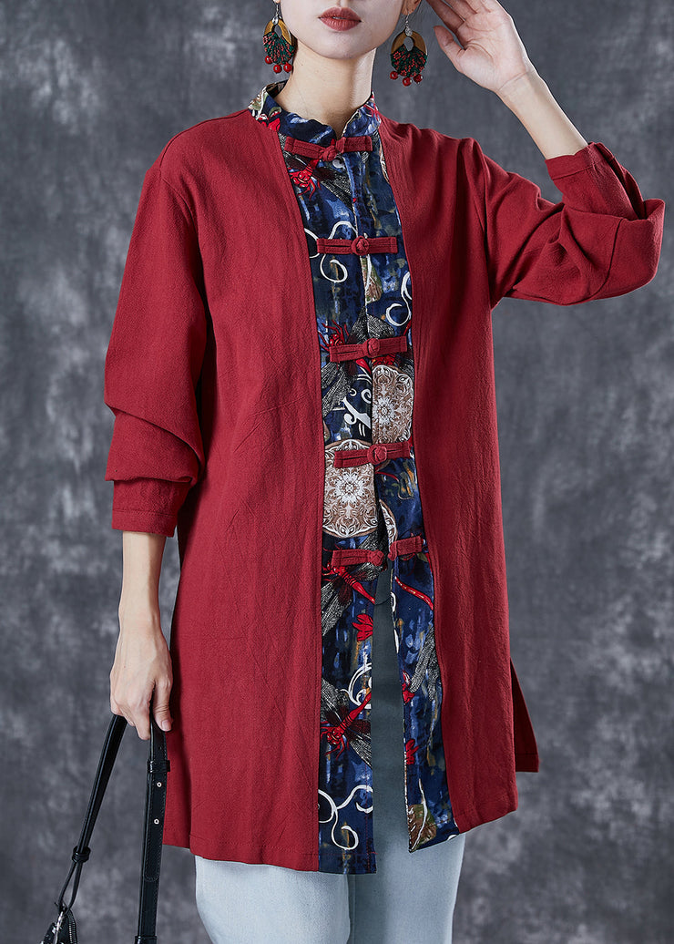 Style Red Oversized Patchwork Chinese Button Cotton Shirt Fall