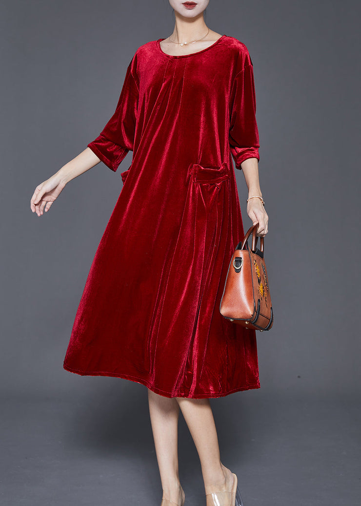 Style Red Oversized Pockets Silk Velour Dress Fall