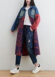 Style Red Peter Pan Collar Patchwork Print Denim Outwear Spring