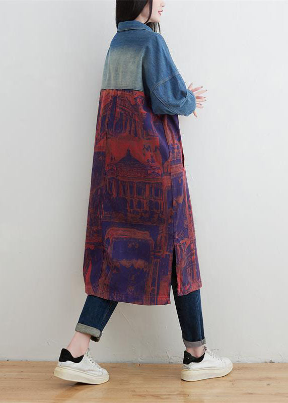 Style Red Peter Pan Collar Patchwork Print Denim Outwear Spring