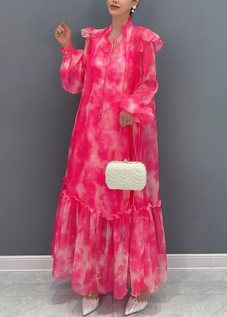 Style Red Stand Collar Ruffled Print Chiffon Maxi Dress Long Sleeve