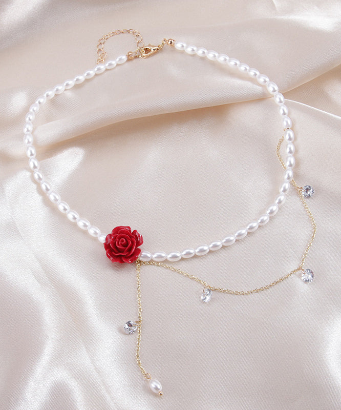 Style Red Sterling Silver Overgild Pearl Rose Pendant Necklace