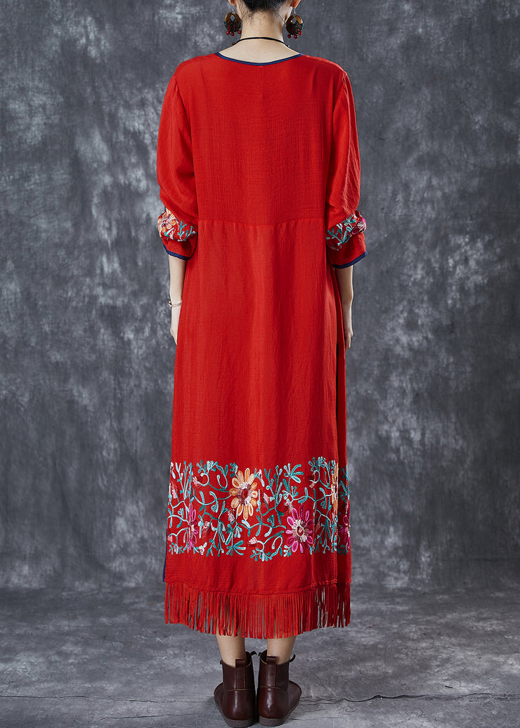 Style Red Tasseled Embroidered Cotton Long Cardigan Fall