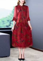 Style Red Tasseled Wrinkled Embroideried Silk Two Piece Set Clothing Summer