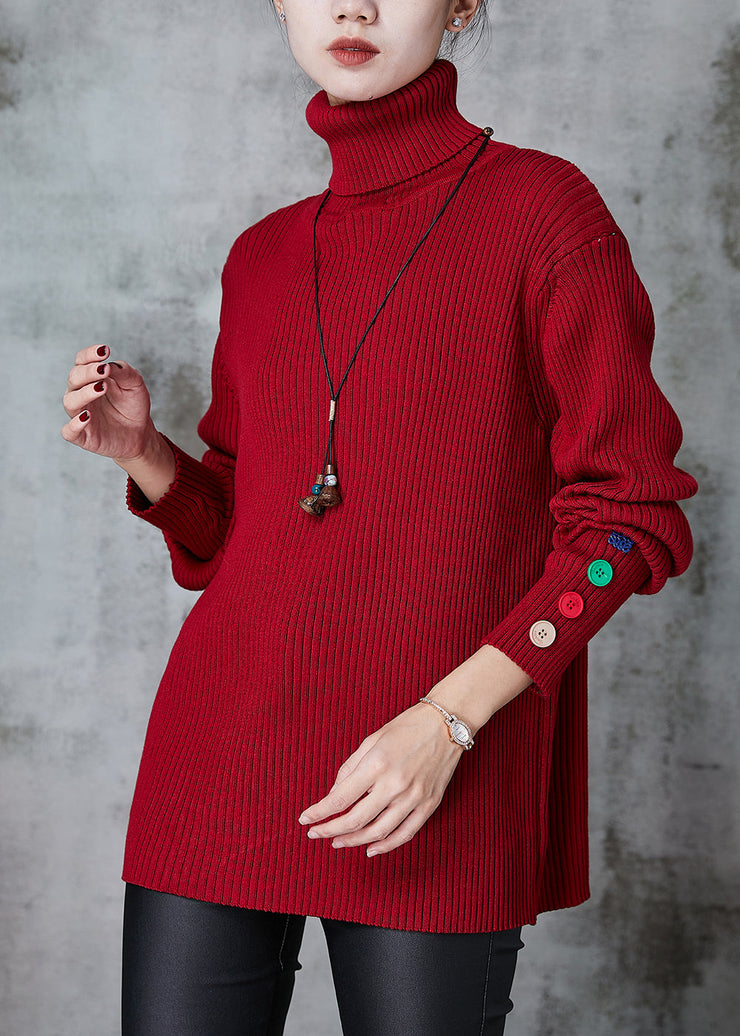 Style Red Turtle Neck Colored Buttons Thick Knit Sweater Spring