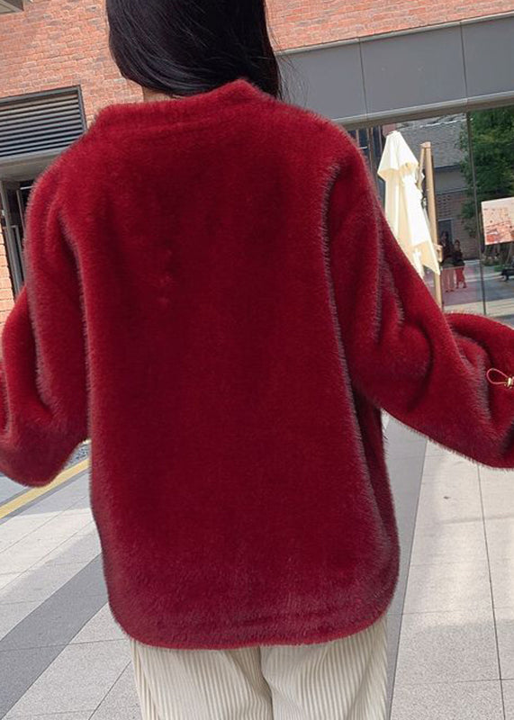 Style Red V Neck Drawstring Thick Mink Velvet Coats Winter