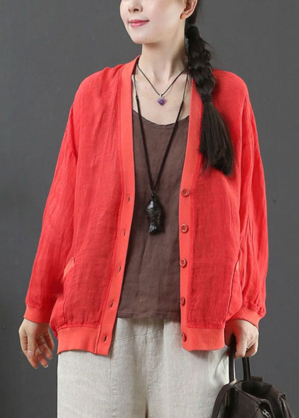 Style Red V Neck Pockets Linen Coats Spring