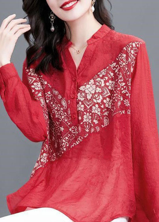 Style Red V Neck Print Patchwork Chiffon Shirts Spring