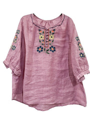 Style Rose O-Neck Embroideried Linen Shirt Tops Summer