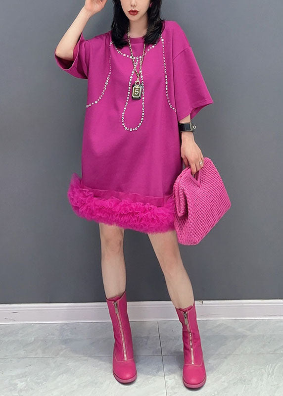 Style Rose Tulle Ruffled Zircon Patchwork Cotton Dress Summer