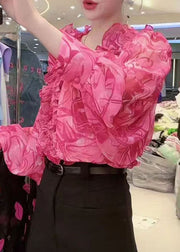 Style Rose V Neck Ruffled Print Patchwork Chiffon Shirt Top Summer