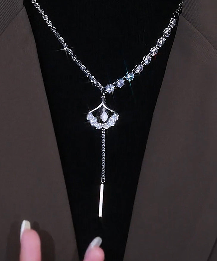 Style Silk Sterling Silver Zircon Ginkgo Leaf Tassel Lariat Necklace