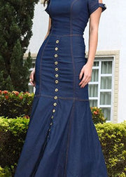 Style Slim Fit Navy O Neck Patchwork Long Denim Dress Summer