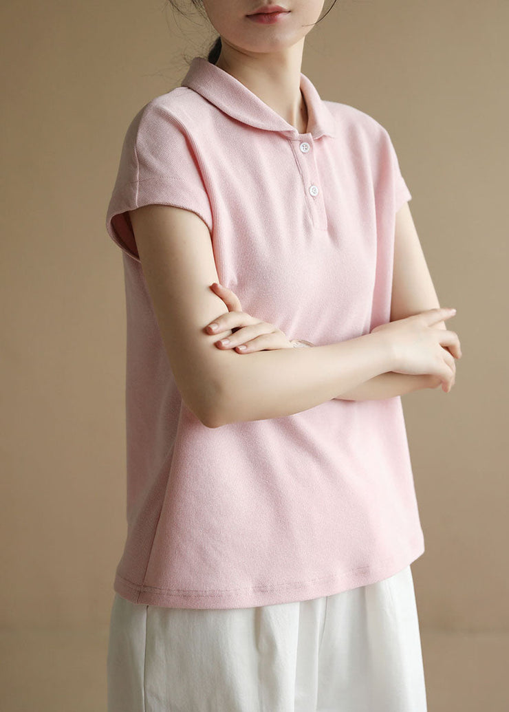 Style Solid Pink Peter Pan Collar Button Cotton Tank Short Sleeve