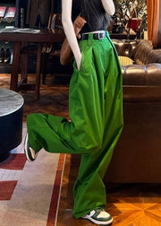 Style Streetwear Green Pockets Cotton Wide Leg Pants Spring