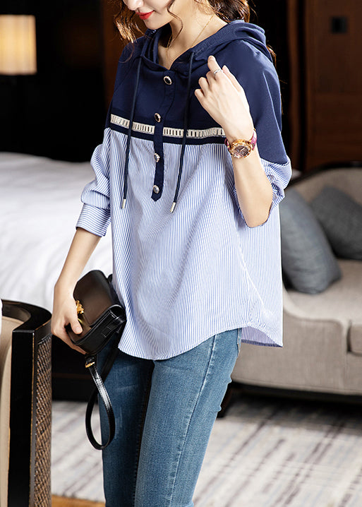 Style Striped Hooded Patchwork Cotton Shirt Long Sleeve