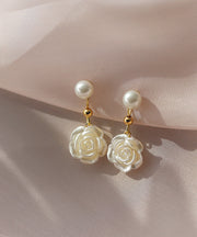 Style White Alloy Pearl Floral Drop Earrings