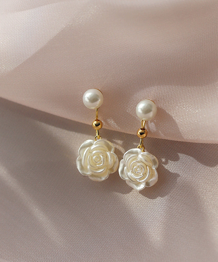 Style White Alloy Pearl Floral Drop Earrings