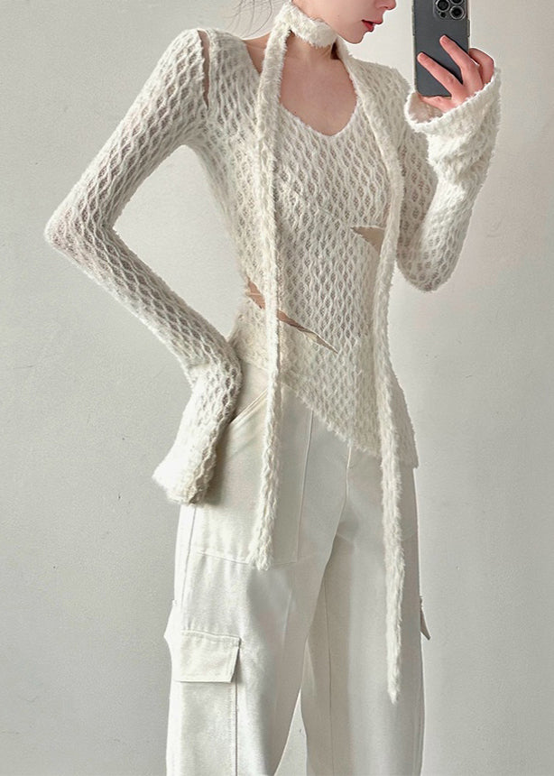 Style White Asymmetrical Hollow Out Knit Shirt Top Fall