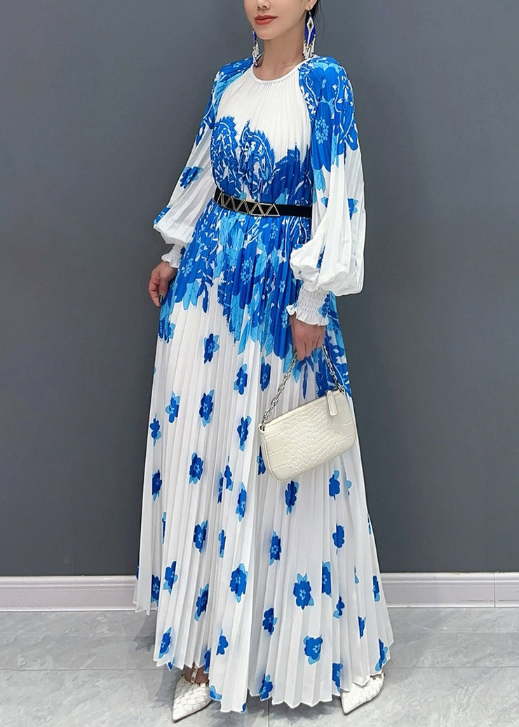 Style White Blue O Neck Print Wrinkled Long Dresses Petal Sleeve