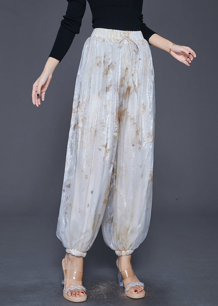 Style White Elastic Waist Tie Dye Silk Harem Pants Fall