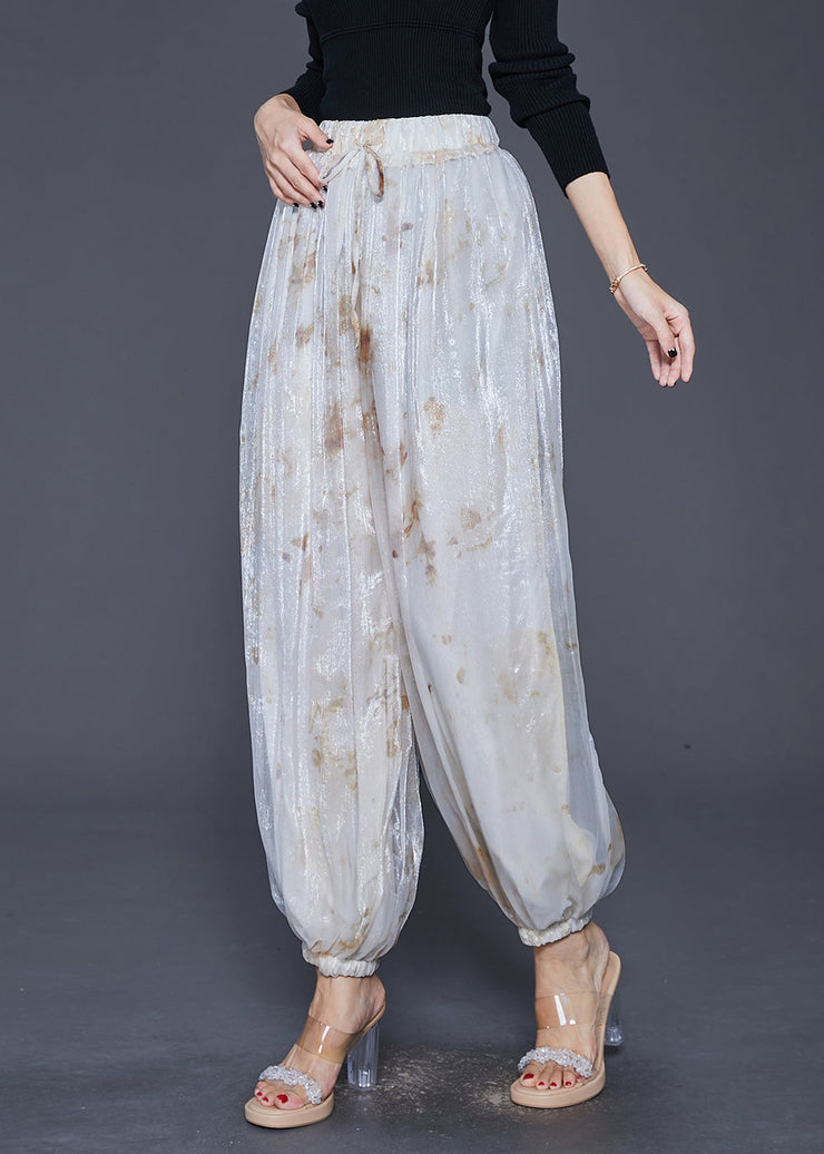 Style White Elastic Waist Tie Dye Silk Harem Pants Fall