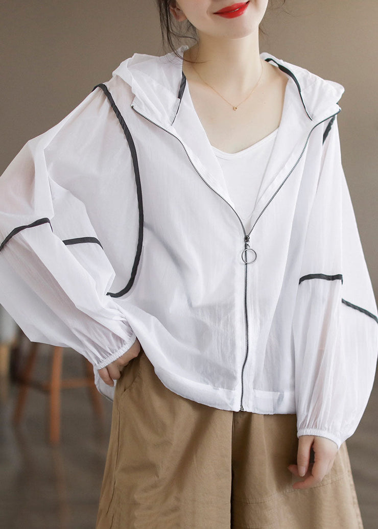 Style White Hooded Zippered Cotton UPF 50+ Coat Jacket Long Sleeve