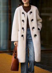 Style White O Neck Pockets Button Patchwork Wool Coat Winter