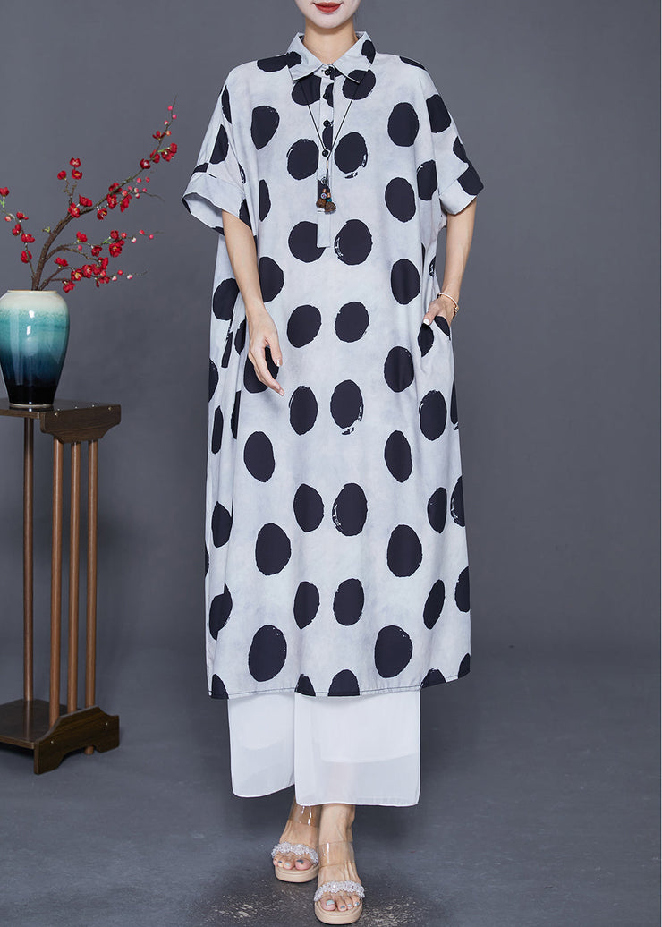 Style White Oversized Dot Print Silk Shirt Dress Summer