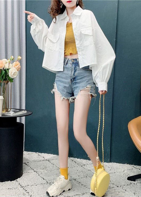 Style White Peter Pan Collar Oversized Cotton Shirts Batwing Sleeve