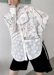 Style White Peter Pan Collar Print Button Shirts Long Sleeve